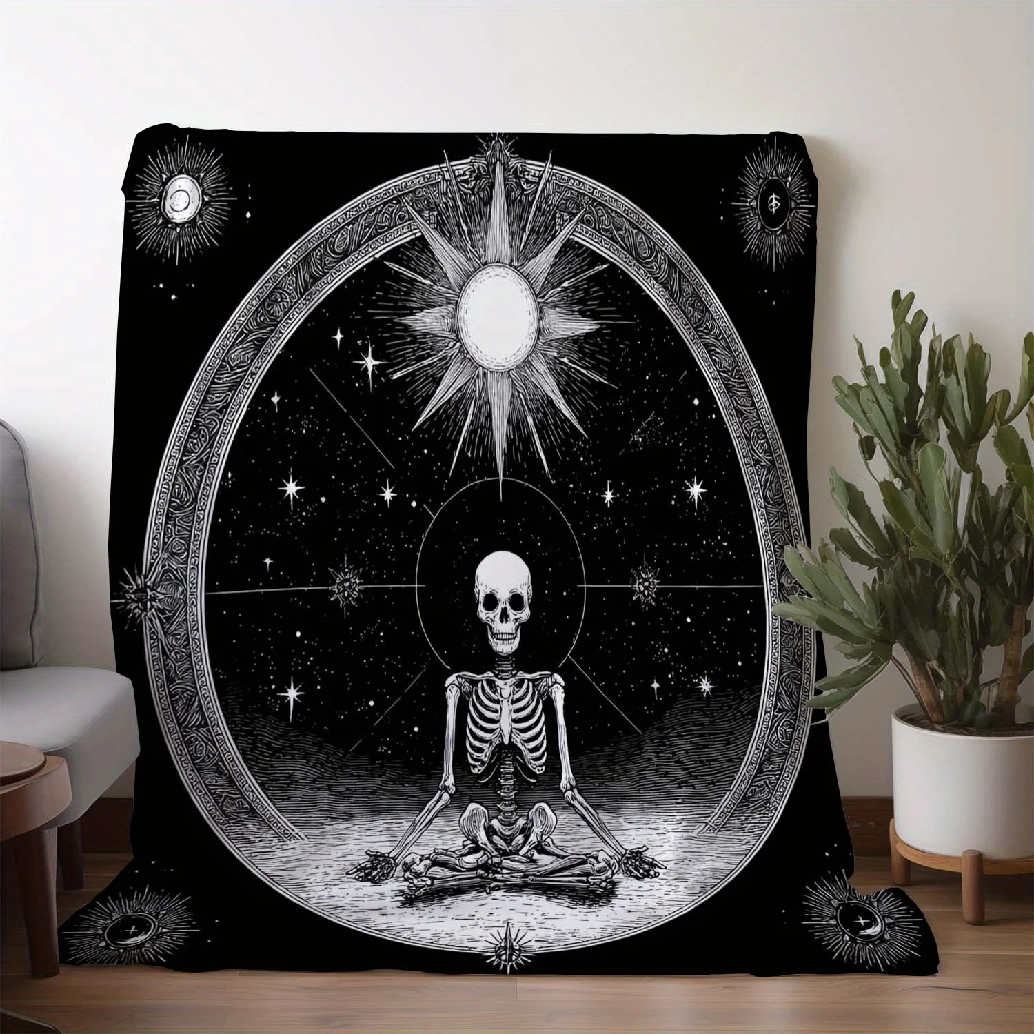 1pc Zeal Lily Mystical Skull Print Flannel Blanket - Soft Warm All-Season Throw with Cosmic Design for Sofa, Bed, Car, Office