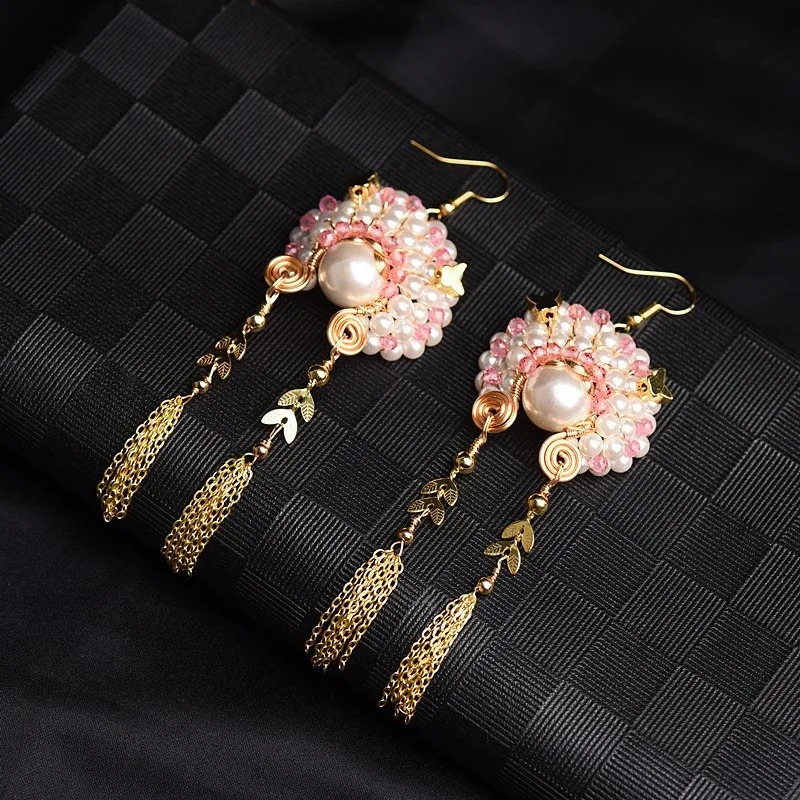 Chinese Style Women Vintage Handmade Wrapped Freshwater Pearls Tassel Beijing Opera Dangle Earrings Set Accessory