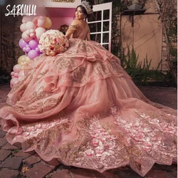 Vestido De quinceañera De princesa con apliques florales rosas, vestido De baile De cumpleaños brillante, Vestidos personalizados hasta el suelo, Vestidos De Novia