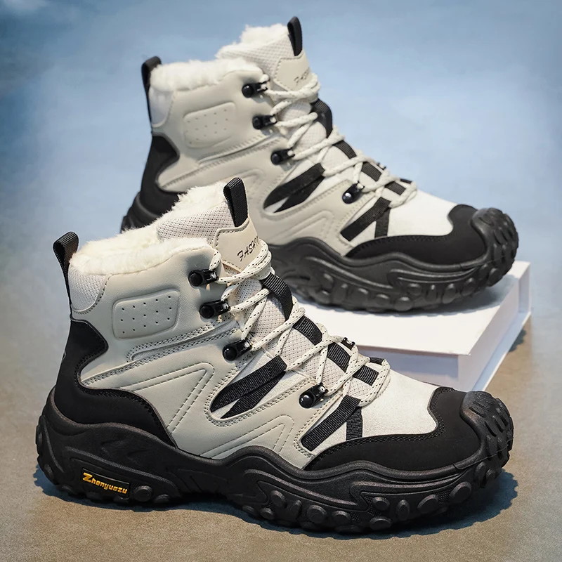 2026 new comfortable and fashionable velvet outdoor color blocked hiking boots, casual high top men's shoes