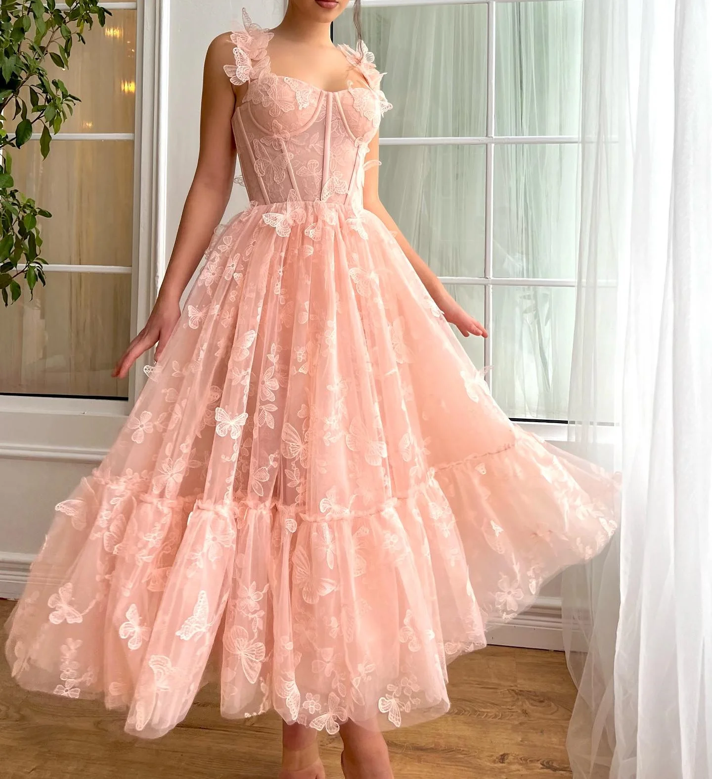 A-Line Tulle Evening Dresses Spaghetti Straps Lace Up Ankle-Length Homecoming Dress 3D Butterfly Appliques Prom Gowns 2024 New