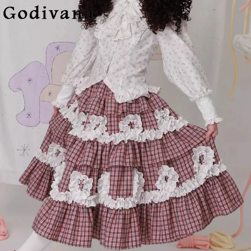 

New Elegant Japanese Retro Chic Elastic Waist Skirt Spring Autumn Fashion Versatile Sweet Lolita Cute Girl Red Plaid Cake Skirts