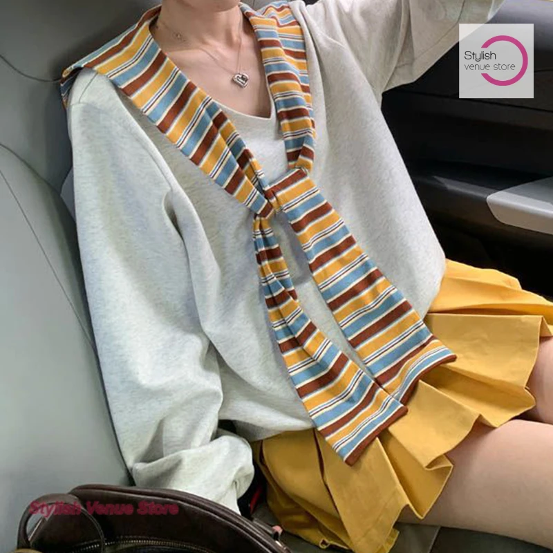 

Korean gray V-neck striped shawl fake two-piece sweater women's spring and autumn fashion loose casual Joker long-sleeved coat