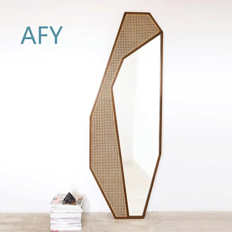 New Chinese Solid Wood Makeup Mirror B & B Hotel Rattan Creative Household Simple Floor Decorative Art