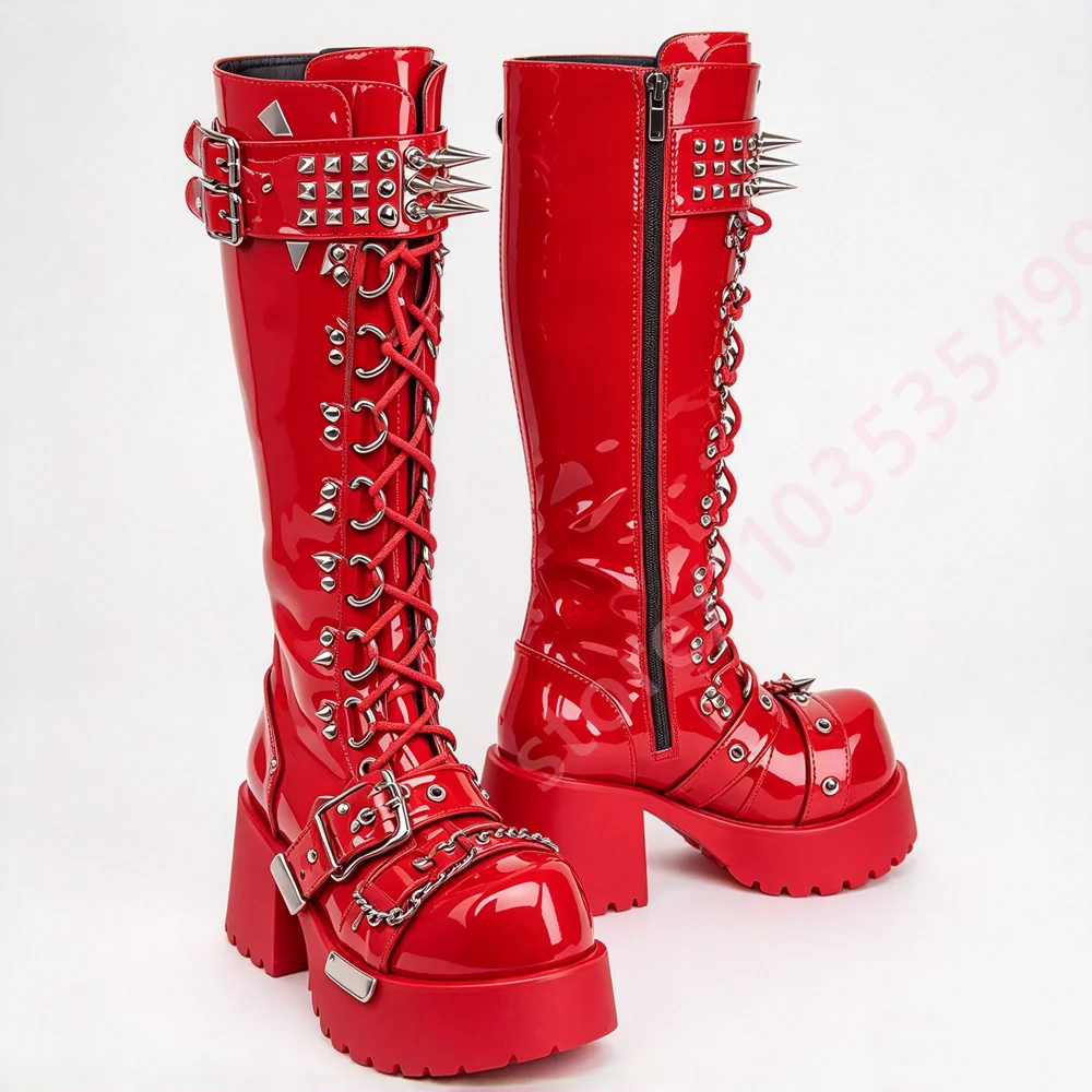 2026 Patent Leather Knee High Boots Gothic Punk Spikes Rivet Buckle Strap Lace Up Platform Chunky Heel Side Zipper Cosplay Boot