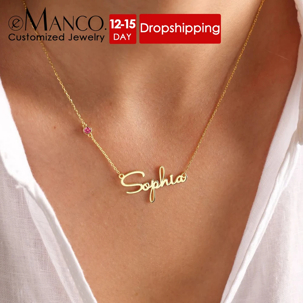 eManco Birthstone Customized Fashion Stainless Steel Name Necklace Personalized Letter Gold Necklace Pendant Nameplate Gift