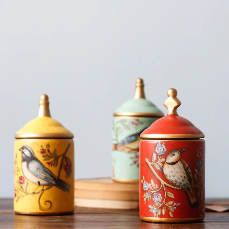 Vintage Ceramic Kitchen Canister Jars Storage Bottles Retro Tea Candy Tin Sugar Pot Pastoral Bird Printing Painted Storage Cans