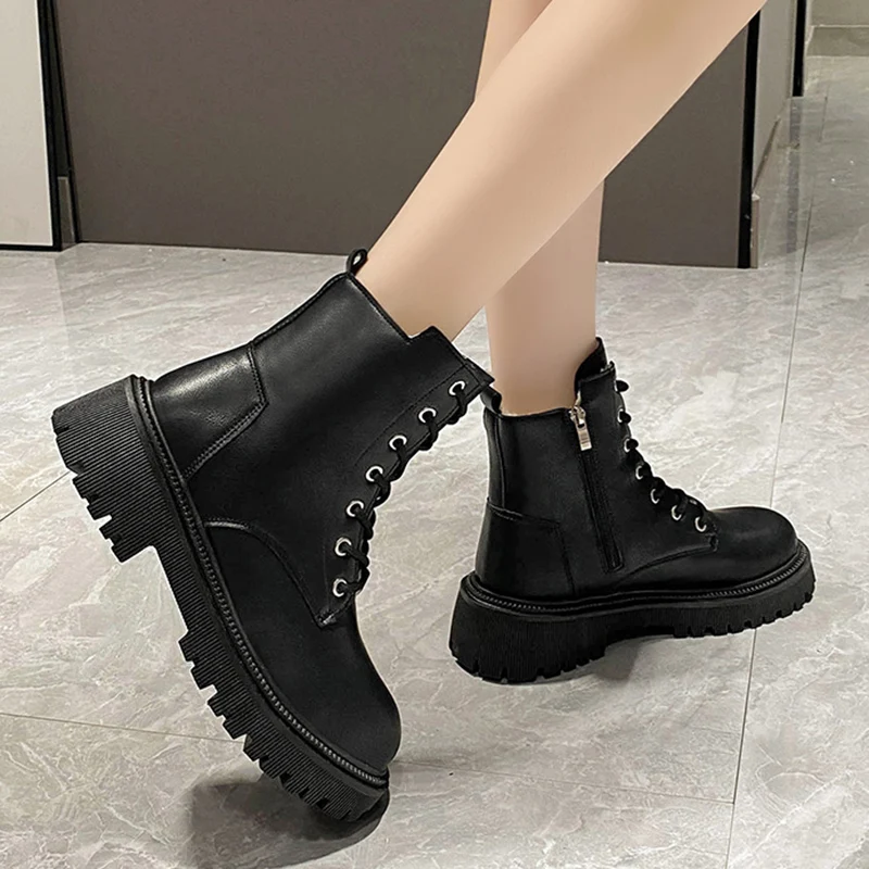 Chunky Heels Lace Up Combat Boots Women Winter Warm Short Plush Ankle Boots Woman Platform Non-Slip PU Leather Short Botas Mujer