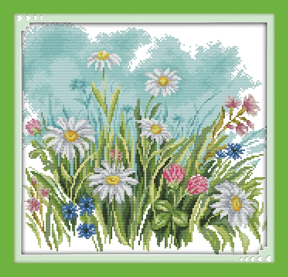 Joy Sunday New Printed Cross Stitch Kit  Easy Pattern Aida  Stamped Fabric Embroidery Set-The Wild Flowers