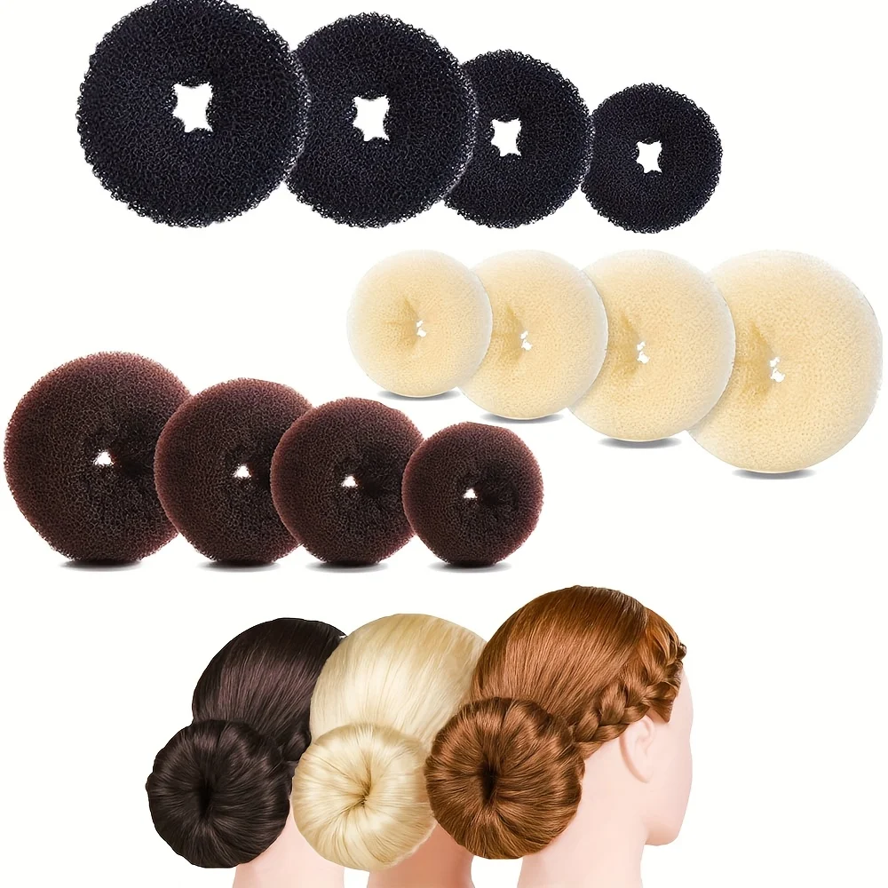 Juego para hacer moños de pelo de 4 piezas, juego para hacer moños con 4 piezas de color marrón oscuro y 4 piezas Beige (1 extragrande, 1 grande, 1 mediano y 1 pequeño)