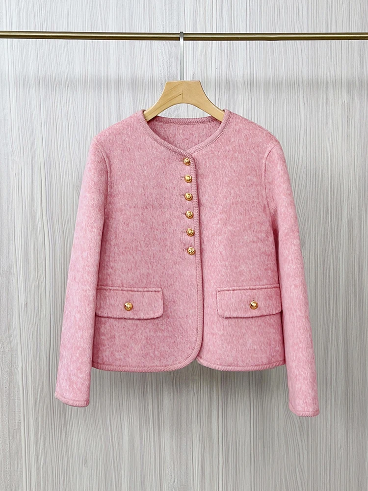 

Розовое двустороннее шерстяное пальто для женщин, премиум-класса, из смесовой шерсти, для повседневной носки, с пуговицами, длинными рукавами и круглым вырезом