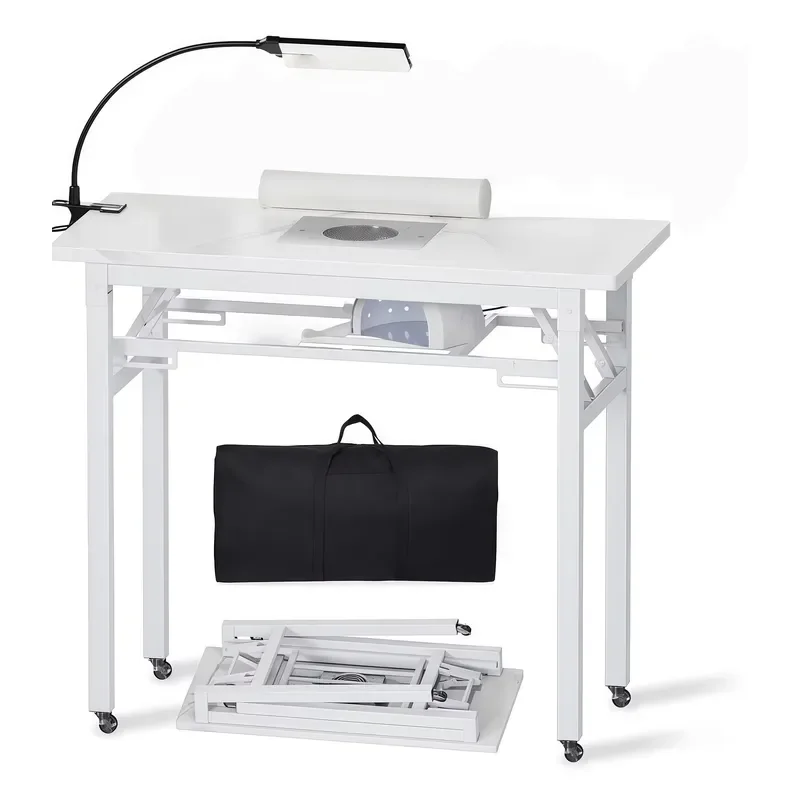 Portable Foldable Manicure Table with Wheels Large Drawers Nail Technician Workstation Customer Wrist Rest Pad Storage Bag