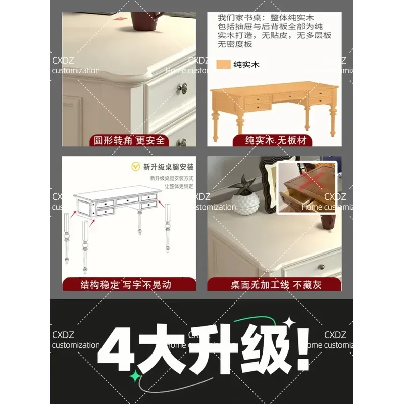 Pure Solid Wood Study Desk Computer Table Customizable Sizes 1.2m to 2m Cream Style Home Office Furniture