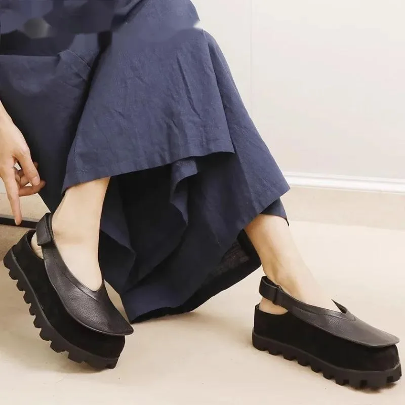 أحذية منصة مسطحة صناديل للنساء جلد ناعم حذاء بدون كعب ماركة ضحلة ريترو المرأة أحذية رياضية الصيف Slingback Sandalias #5