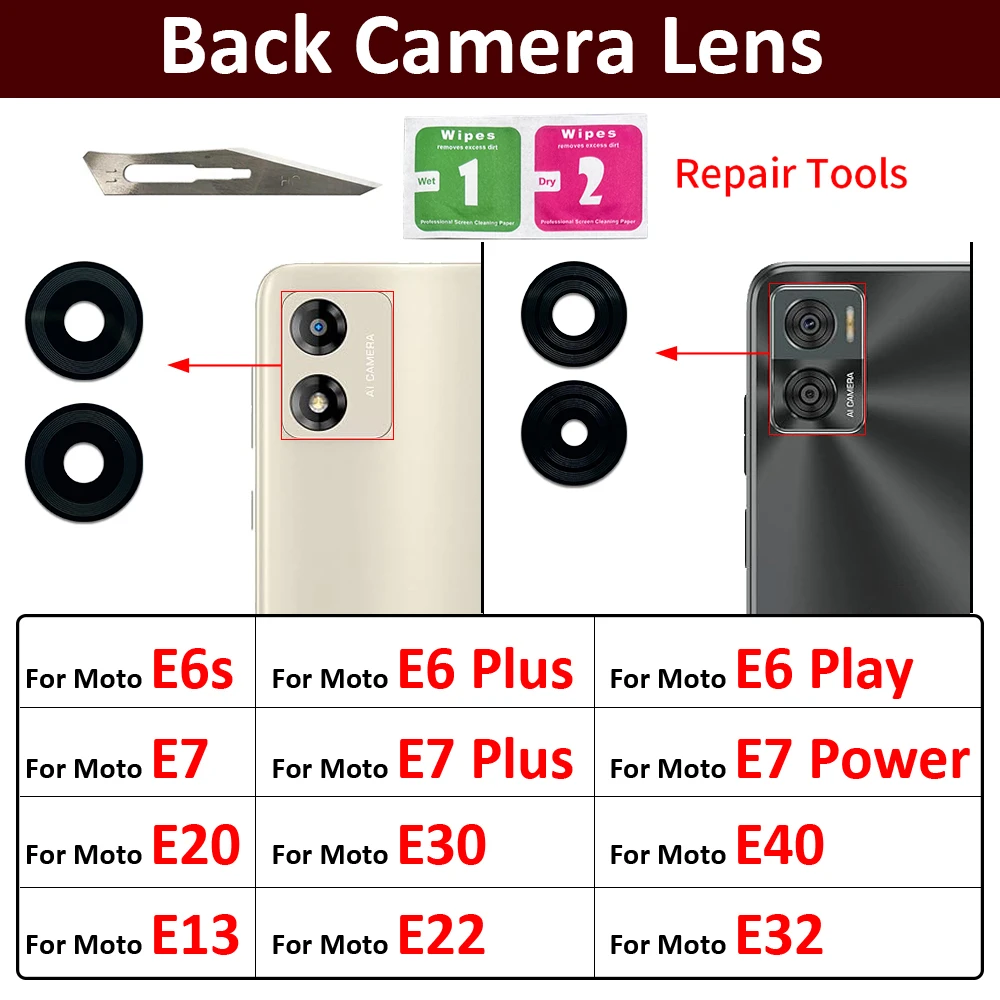 Rear Back Camera Glass Lens For Moto E7 E6 E6s E5 E7i Plus Play Power E20 E30 E40 E22 E32 E13 E22i Camera Glass With Adhesive