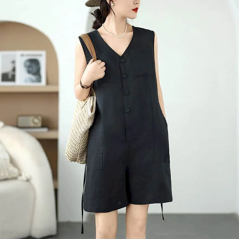 Kombinezony z lnu i bawełny, letnie, bez rękawów, codzienne, odmładzające, luźne, z szerokimi nogawkami, szorty, jednoczęściowe stroje, odzież damska.