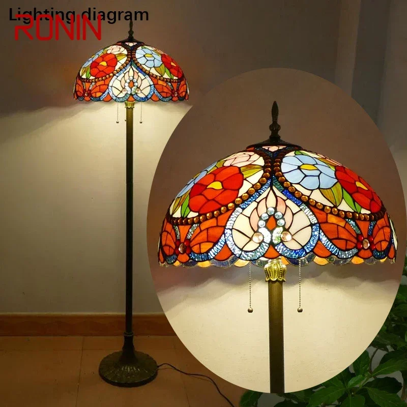 

RONIN Tiffany Floor Lamp American Retro Living Room Bedroom Lamp Country Stained Glass Floor Lamp