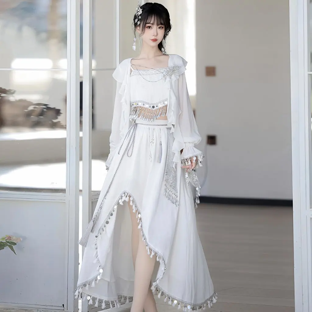 

Yimengge Silver Hanfu Women's Chinese Style Top Sling Overskirt Suit Original Design Improved Han Element 9484