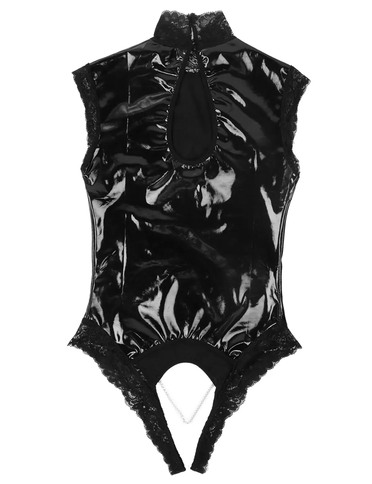 Womens Exotic Bodysuit Open Crotch Latex Costume One-piece Wetlook Patent Leather Lingerie Halter Neck Bare Breast Crotchless