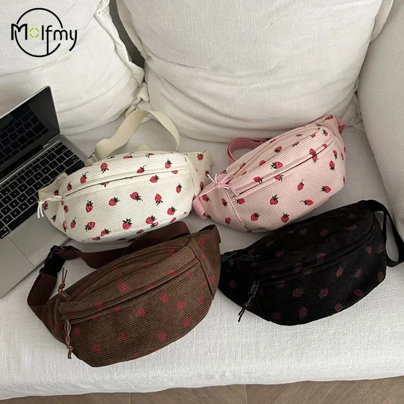 Waist Bag Women Men Corduroy Fanny Pack Strawberries Pocket Fashion Chest Handbag Sports Travel Purse Plaid WaistPack Belly Bags