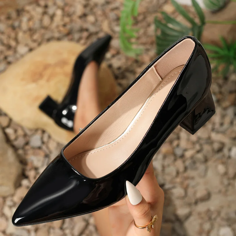 

Sexy Chunky Heel Women's Shoes 2026 Spring and Autumn New Style Elegant Patent Leather Pointed Toe Black High Heels for Women