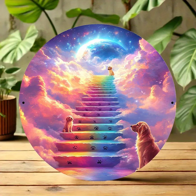 2D Flat, 2D Flat - 1pc Cosmic Rainbow Bridge Metal Wall Art, 7.87x7.87 Inches - Vibrant Staircase Design with Paw Prints and Dog