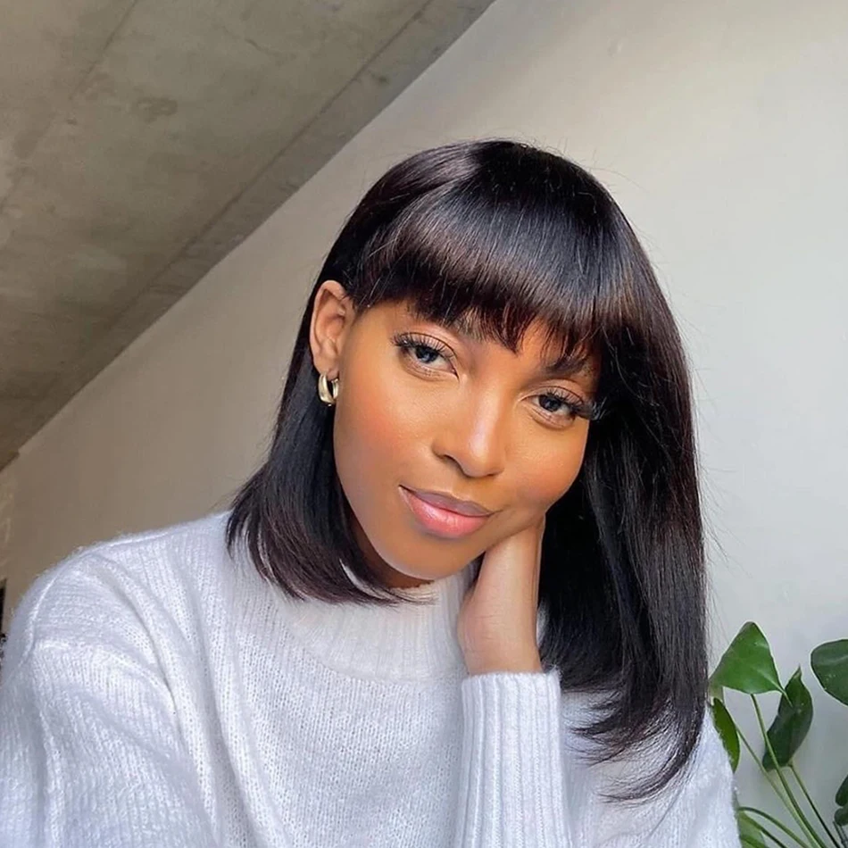 

Short Bob Straight Remy Peruvian Human Hair Wig With Bangs Full Machine Made Wigs With Fringe 1B# Glueless Basic No Lace Wigs