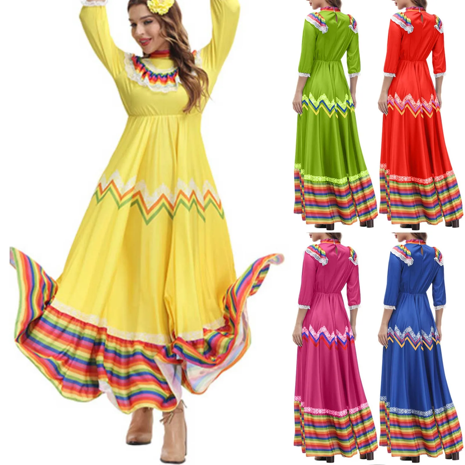 Ladies Bohemian Casual Dress May 5 Mexican Festival Celebration Pleated Swing Long Dress Dance Stage Half Sleeves Maxi Dresses