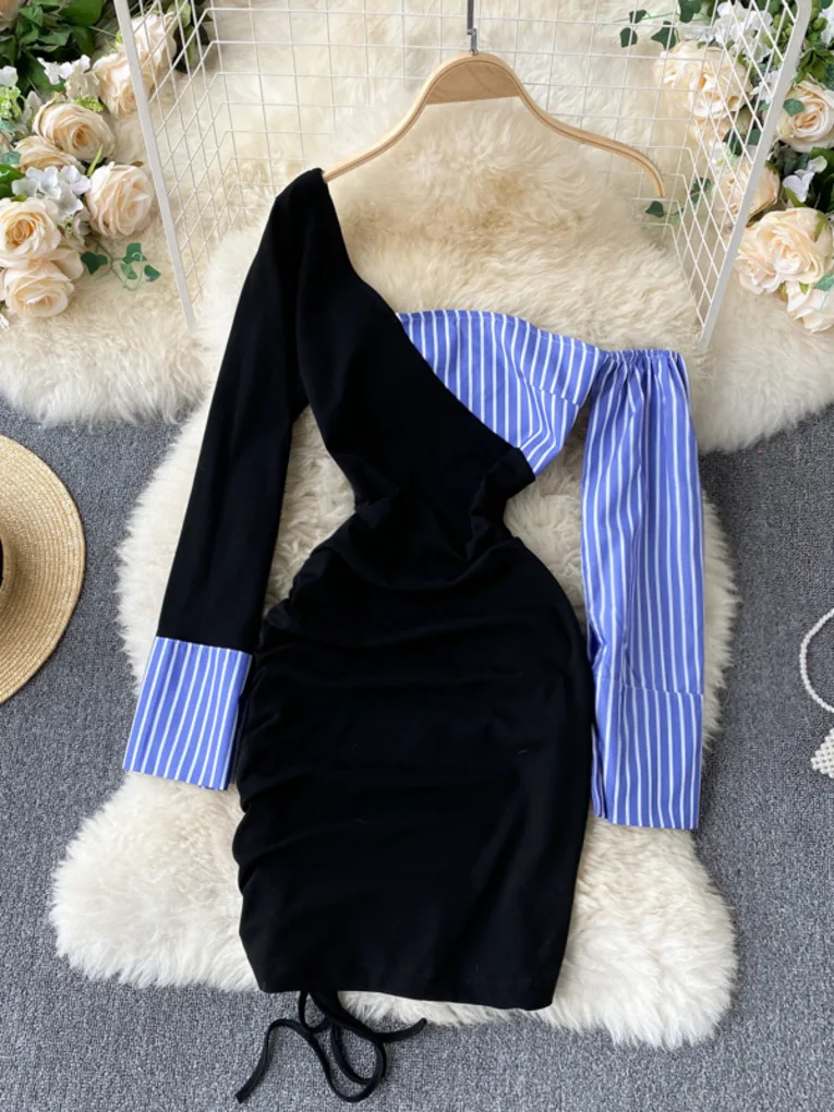 

Blue Striped Patchwork One Shoulder Long Sleeve Women Dress 2021 Spring Fashion Ruched Drawstring Mini Bodycon Party Dresses