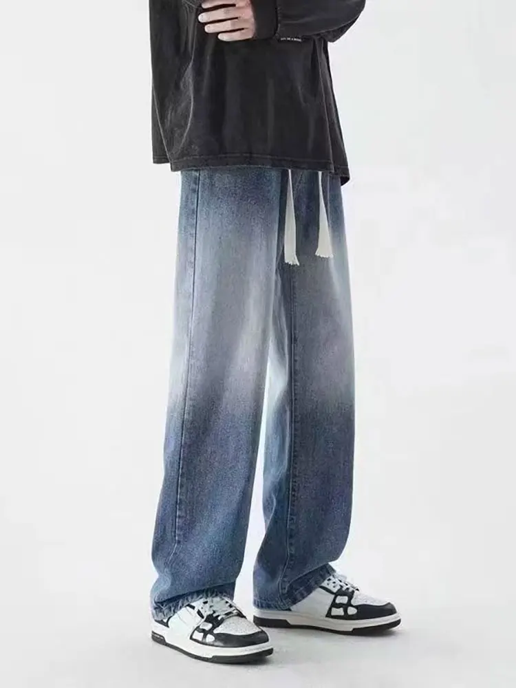 Vintage Washed Gradient Harajuku Straight Baggy Jeans Men Streetwear Loose Wide Denim Pants Jeans Casual Trousers