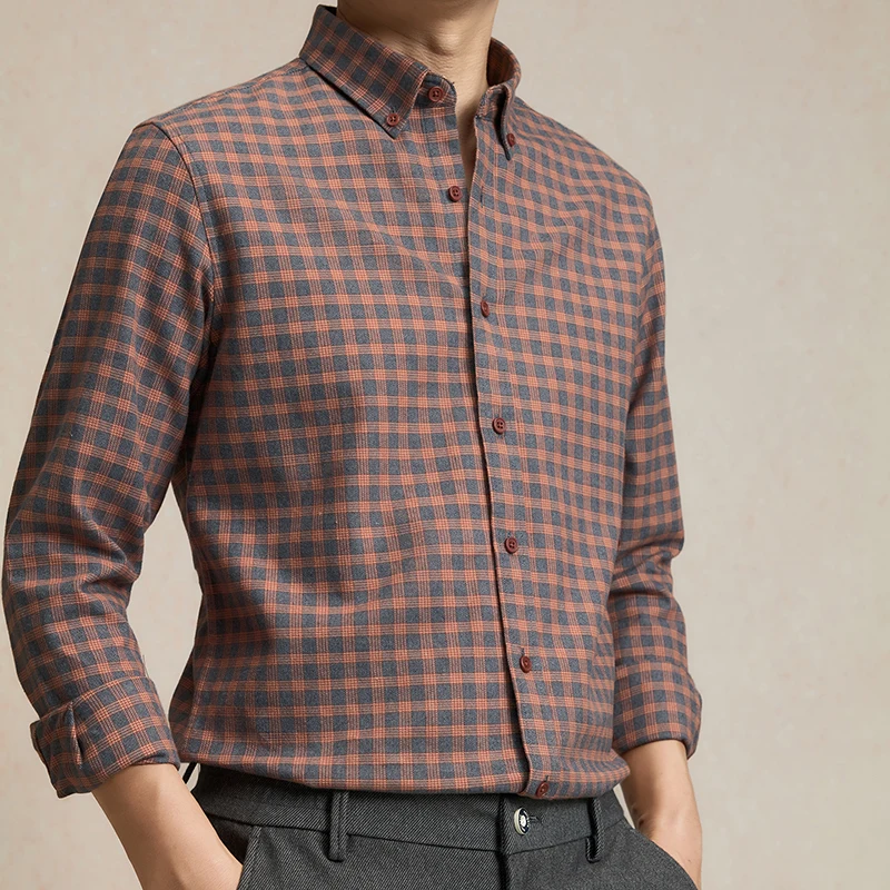 Autumn New Light Business Fashion, Cool and Versatile, Trendy Men's Long-Sleeved Shirt with Double-Sided Brushed Check