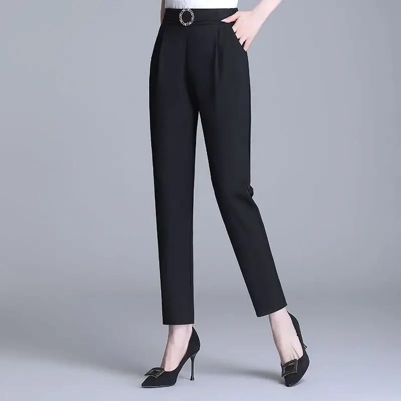 Women's Clothing Spring Autumn Solid Color Elastic Pockets High Waist Loose and Elegant Vacation Trousers Straight Pencil Pants