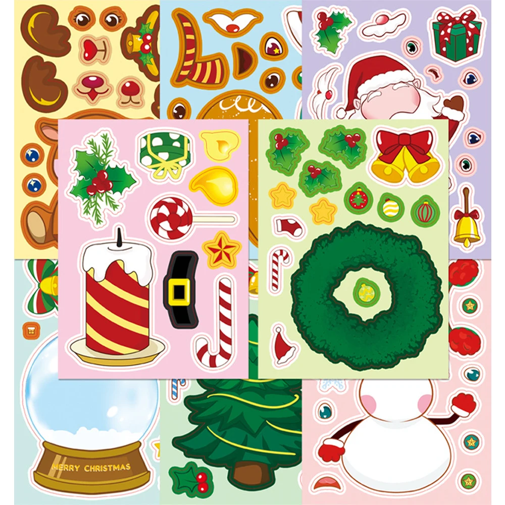 8/16 Blatt süße Weihnachts-Puzzle-Aufkleber machen ein Gesicht, Dekoration, Abziehbilder, DIY, Handkonto, Cartoon, zusammenbauen, Puzzle, Spielzeug, Party-Geschenke