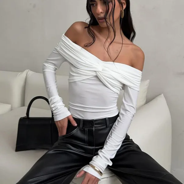 Sexy White Off Shoulder Long Sleeve Top Women Twisted Front Slim T-shirt Elegant Y2K Aesthetic Chic Basic Tees Streetwear 2026
