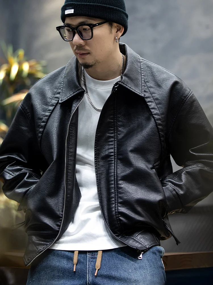 American Style Retro Black PU Leather Jacket Men's Spring Autumn New Casual Trendy Leisure Fashion Collar Biker Clothes Leath...