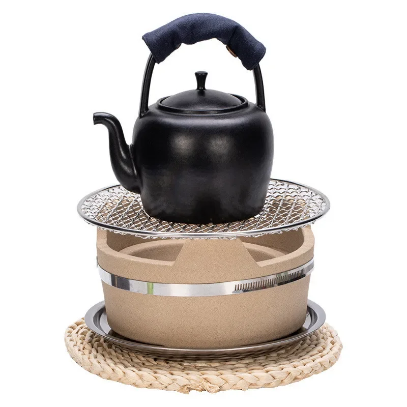

tea set with surrounding stove, tea set with charcoal fire camping