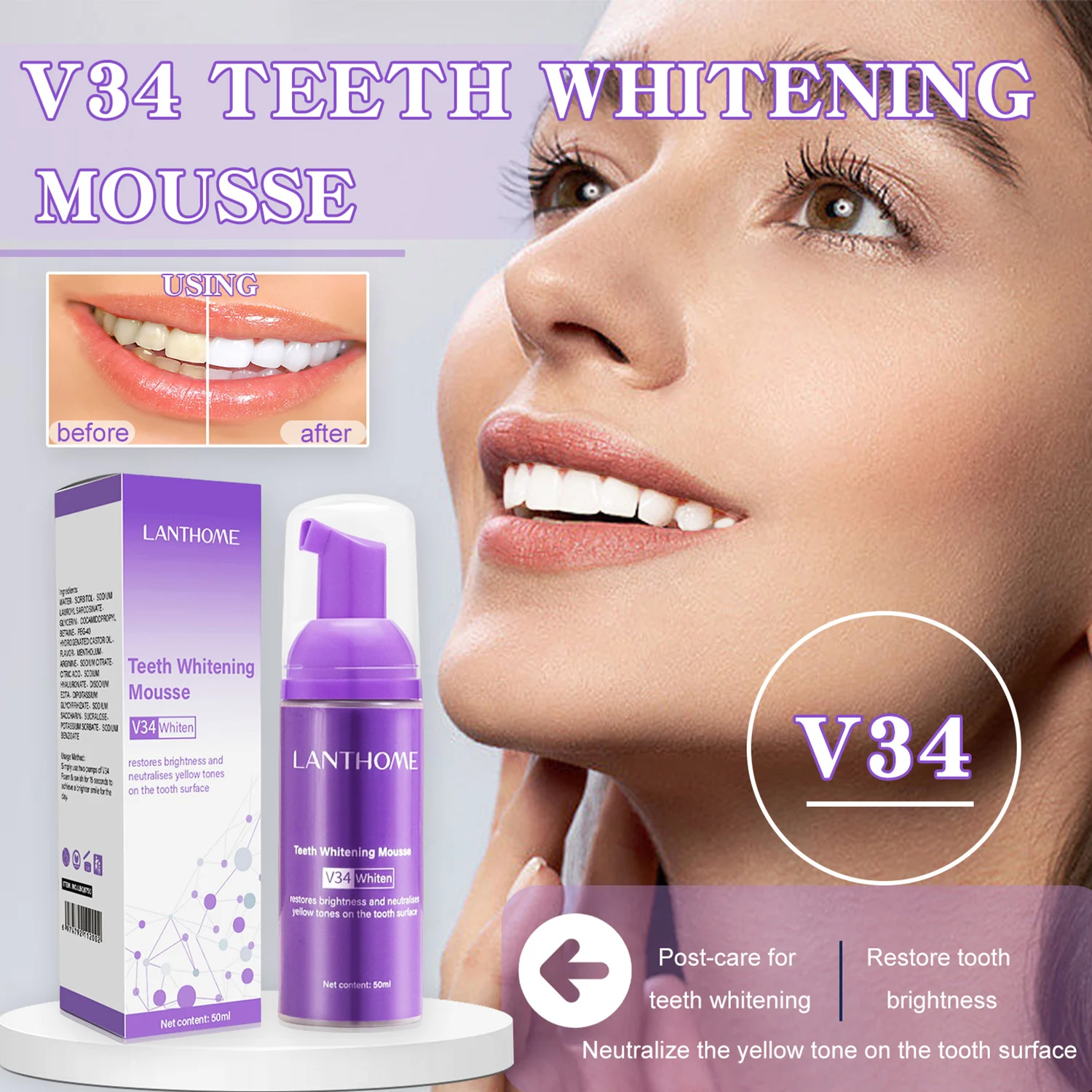 

50ml Teeth Whitening Mousse V34 Effectively Remove Yellow Plaque Smoke Stain Colour Corrector Teeth Enamel Dental Cleaning Fresh