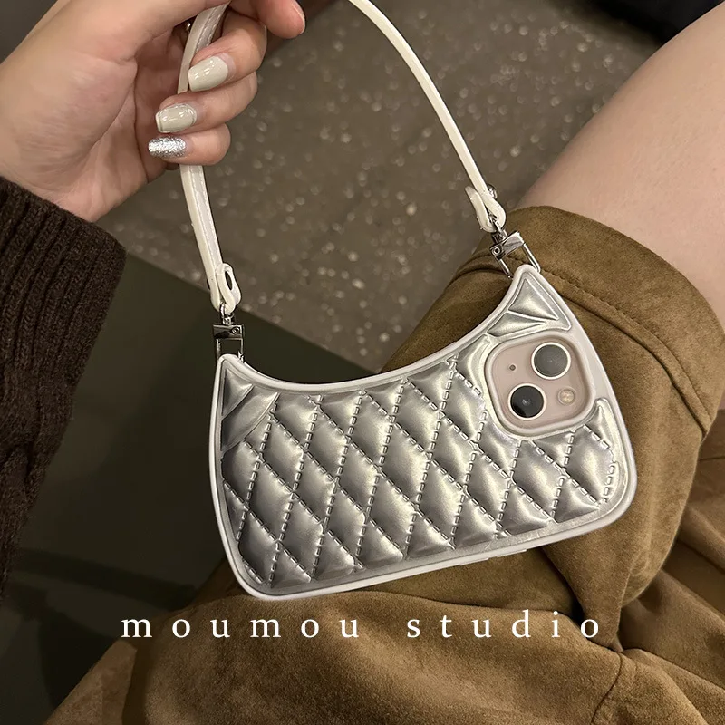 Advanced Sense Diamond Quilted Handbag Applicable To Iphone14promax Apple 13 Phone Case Creative Bag Phone Case