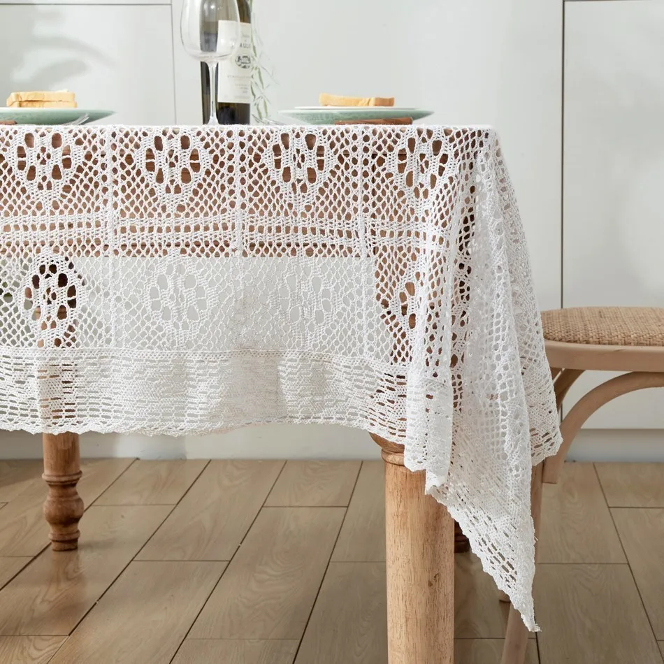 Crochet Hollow Tablecloth, Home Decorative Rectangle Fabric, Beige Lace, Bedroom Coffee Table for Living Room, Cover Cloth Mat