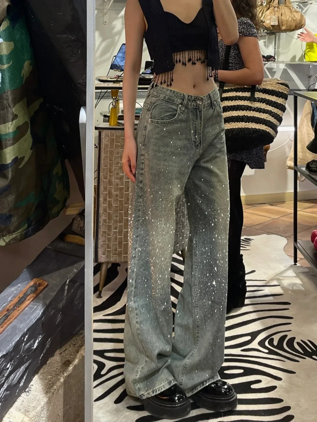 المرأة Y2k فضفاض الجينز Harajuku خمر حجر الراين سراويل جينز اليابانية 2000s نمط كبير الحجم واسعة الجينز السراويل الطويلة الملابس