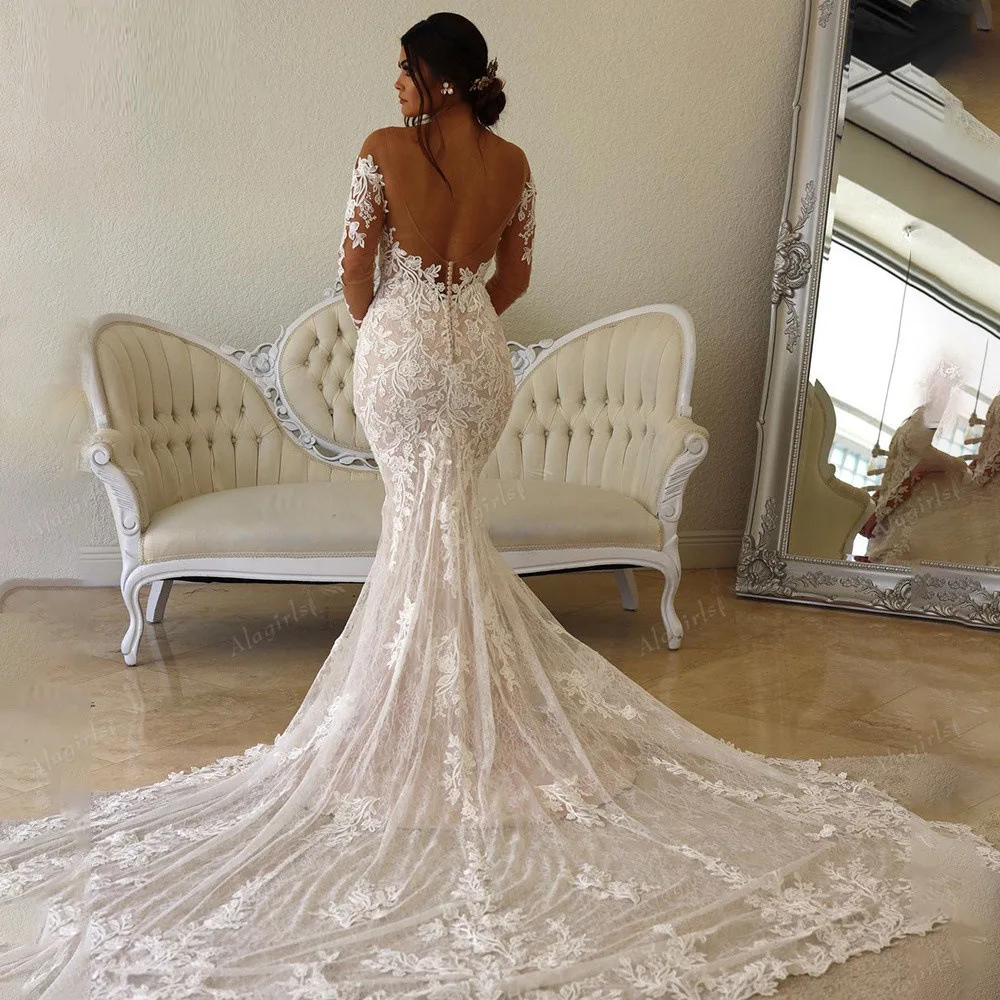 Vintage Lace Wedding Dress O-Neck Court Train Backless Bridal Gown customized