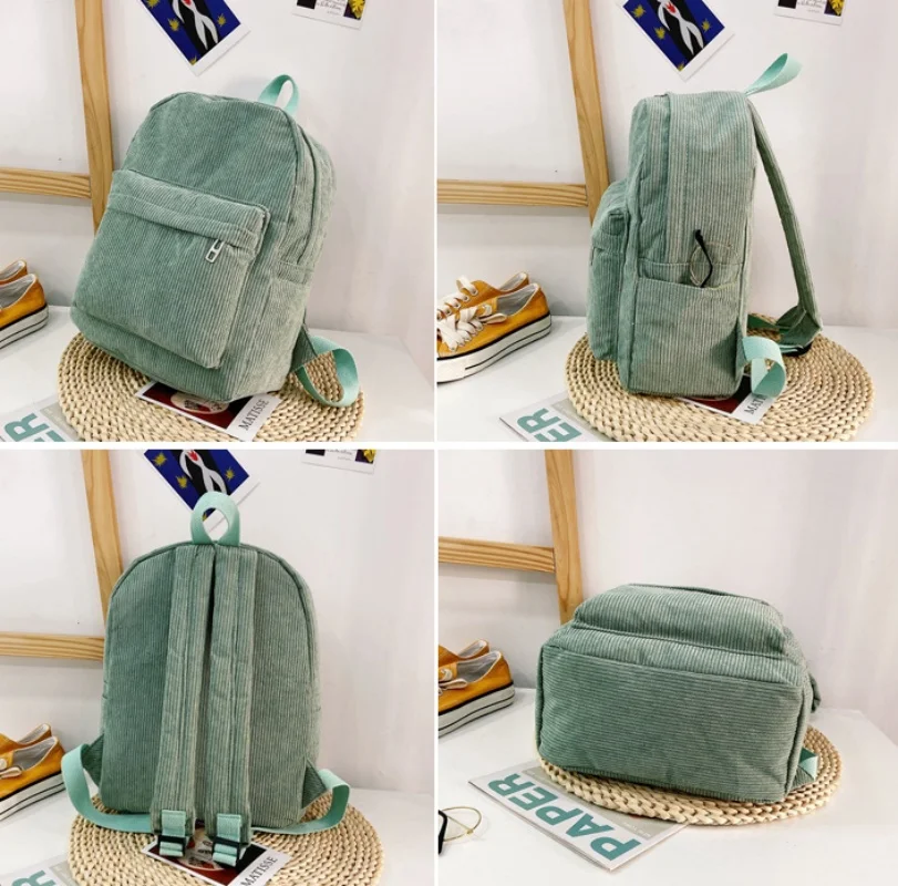 Personalised Embroidery Simple Backpack Corduroy School BackpacksSolid Color Casual Backpack School Bookbag Travel Backpack