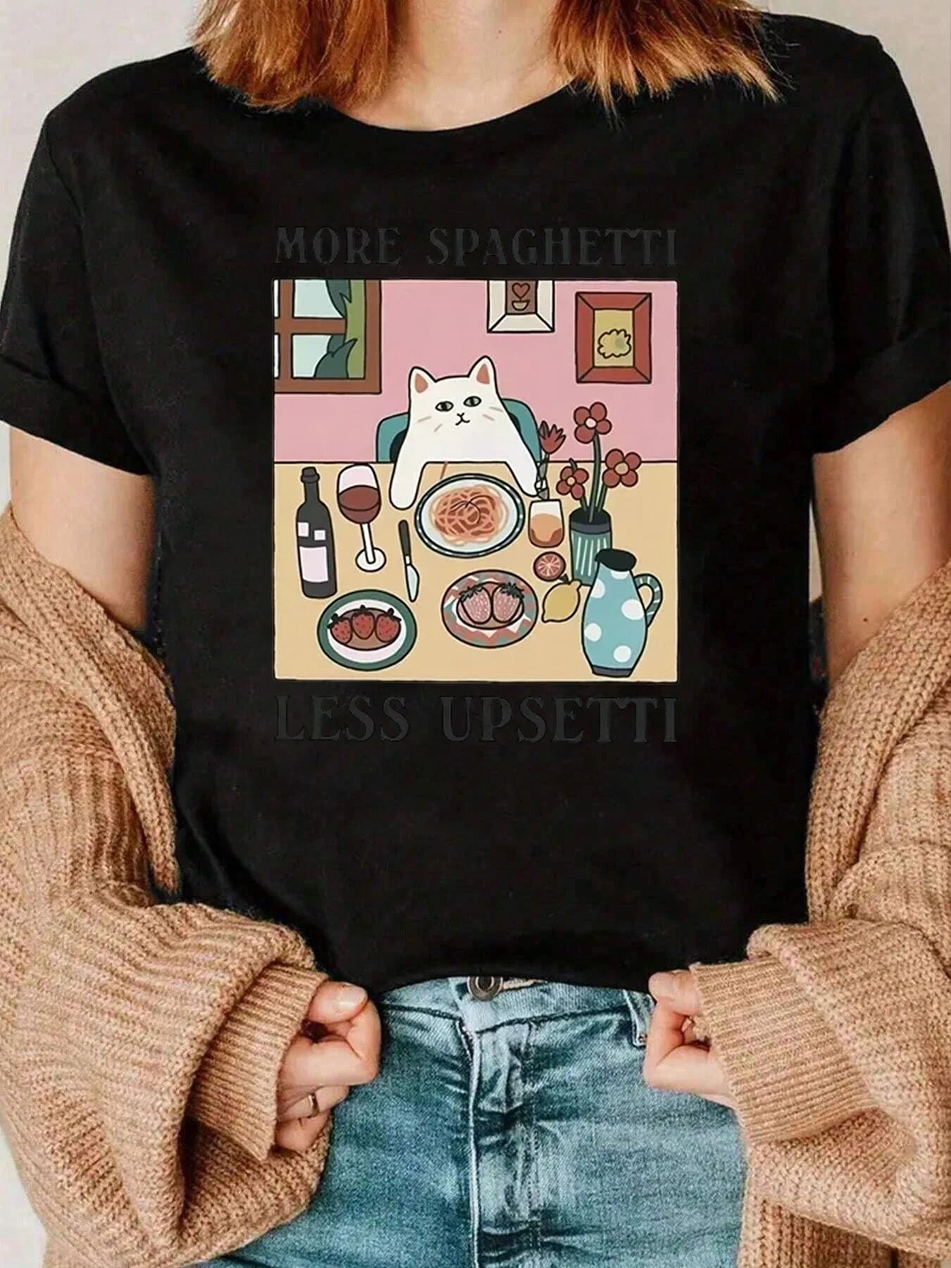 猫スパゲッティディナー プリント Tシャツ カジュアルウェア 女性用 220g