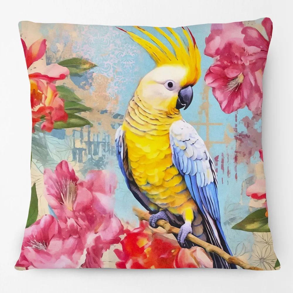 Tropical Jungle Birds Parrots Tiger Cushion Cover Green Plants Floral Art Pillow Case