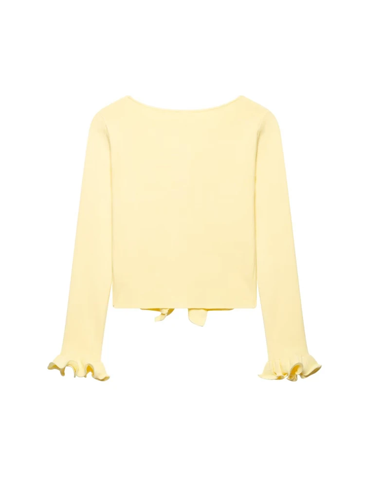 レディース フロントボウタイ シック アウターウェア ファッション ラッフル クロップド ニット カーディガン セーター 長袖トップ