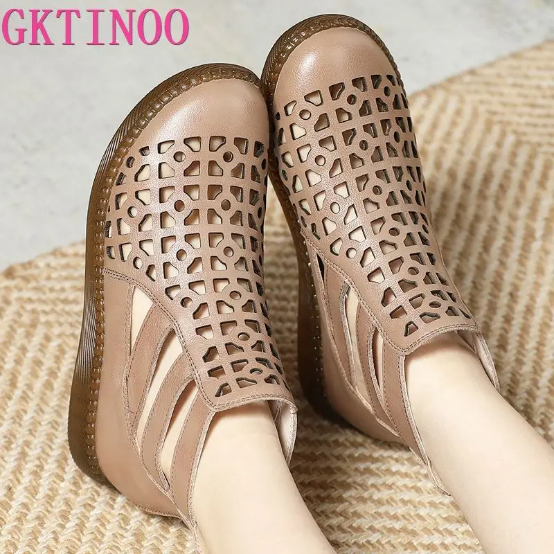 GKTINOO Large Size 2024 Genuine Leather Summer Sandals Breathable Hollow Boots Flat Soft Non-slip Comfortable Sandalias De Mujer