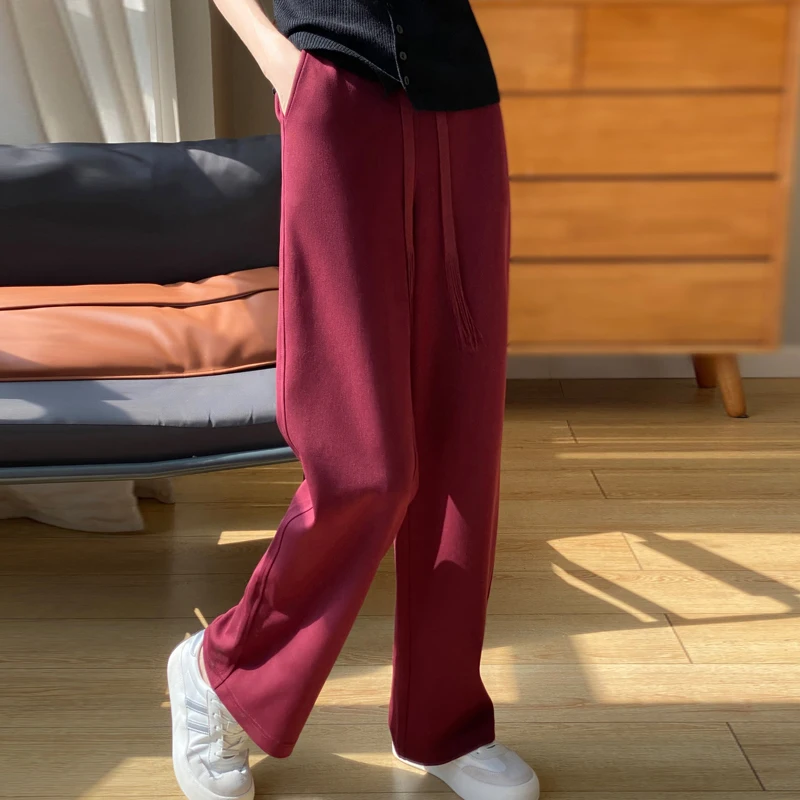 2024 autumn and winter new high waist casual knitted pants women loose solid color slim wide-leg pants worsted wool pants