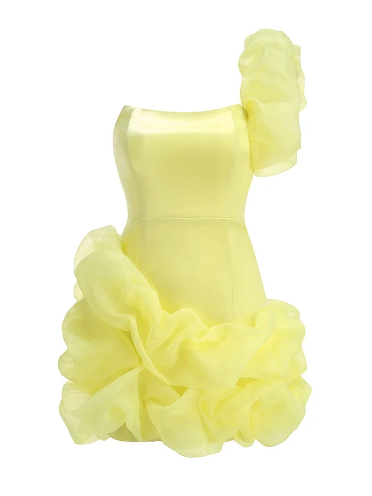 Sexy Sleeveless One Shoulder Women Mini Dresses Elegant Summer Yellow Satin Mesh Ruffles Bodycon Celebrity Evening Party Dress