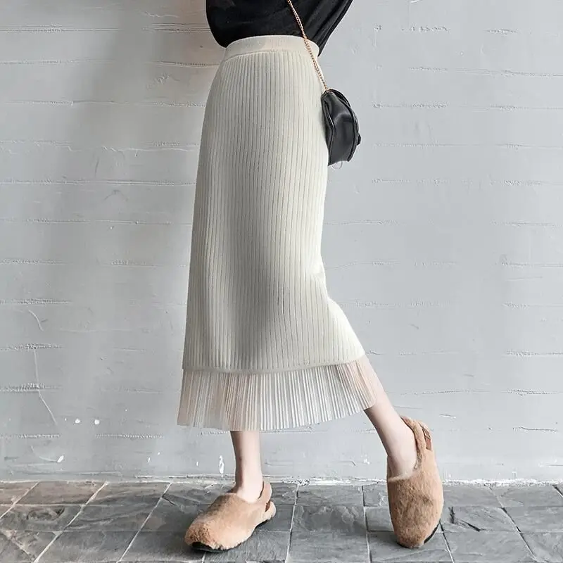 Spring Autumn New Solid Color Fashion Elastic Waist A-line Skirt Women High Street Screw Thread Lace Patchwork Hip Wrap Skirt