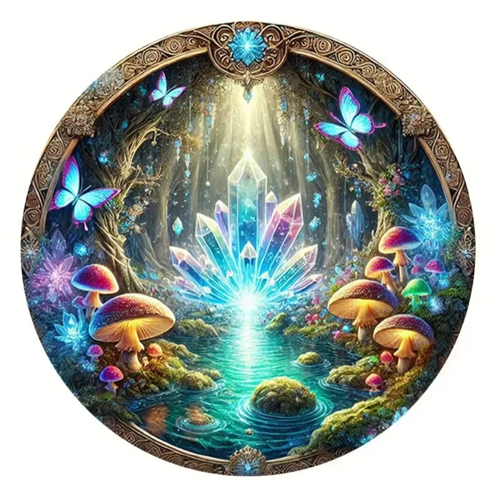 Vintage Enchanted Forest Glowing Crystal Mushroom Round Tin Sign, Retro Magical Blue Butterfly Fairycore Themed Metal Wall Art P